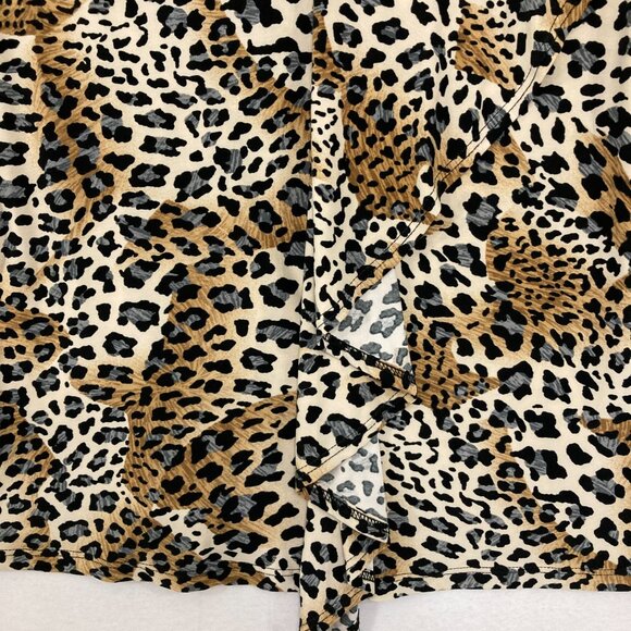 Clara Sun Woo Medium Black Brown Leopard Print Ruffle Detail V neck Stretch Top - Picture 4 of 10